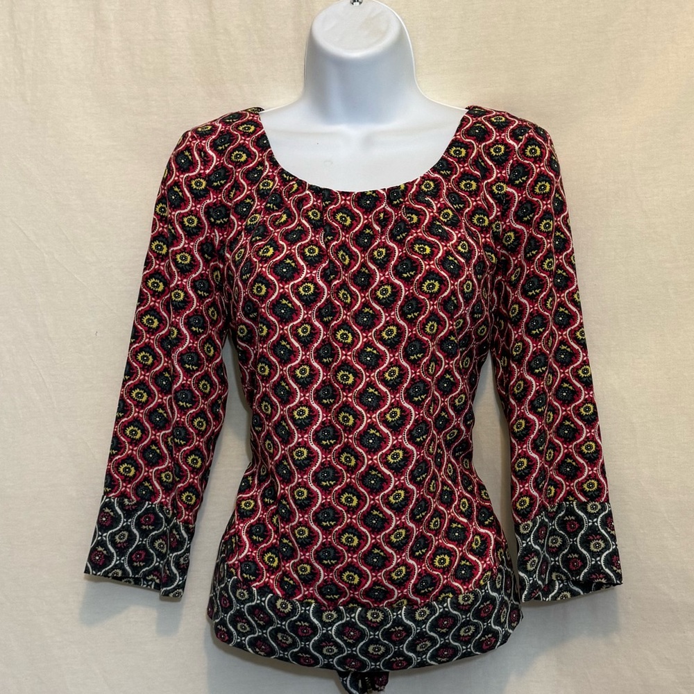 A-129 Rachel Rachel Roy Gray Red Yellow & White Floral 1/2 Sleeve Blouse‎ Size S